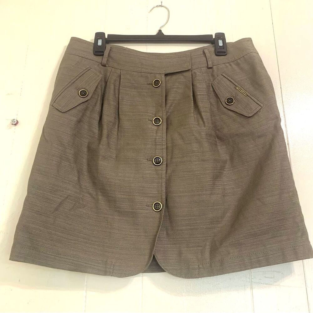 Anne Klein Skirt Size 10 Olive Green Linen Button Down Mini Skirt Casual